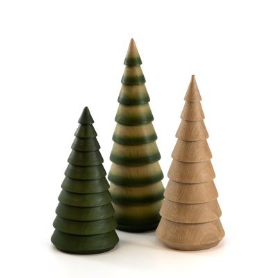 The tiny decorative wooden fir trees in different colors.