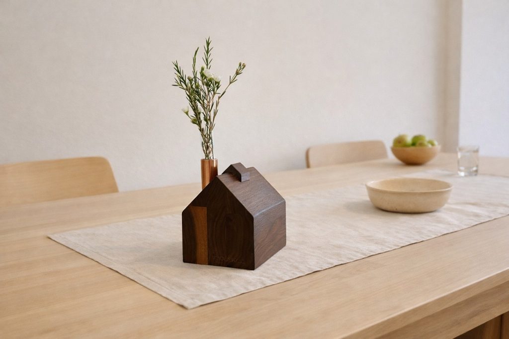 Barn candlestick holder on a linen runner on a blond wood dining table