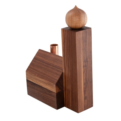 Wooden church with a rounded onion dome and a copper chimney