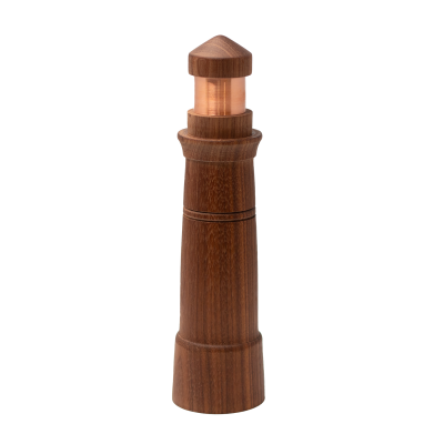 A tiny wooden lighthouse with a copper beacon.