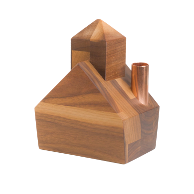A little retro wooden church candlestick holder with a copper chimney.
