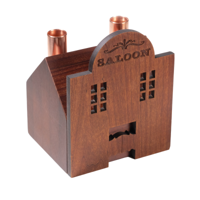 A little saloon wooden candlestick holder with two copper chimneys.
