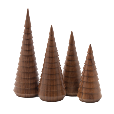 Four tiny decorative wooden fir trees made of walnut wood.
