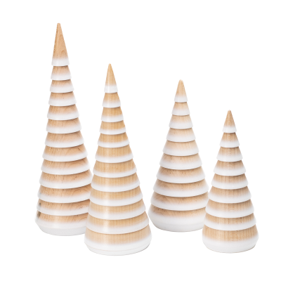 Four tiny decorative wooden fir trees fringed with white.